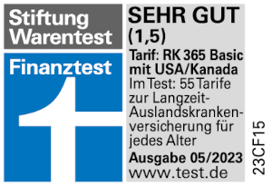 Siegel Testsieger Stiftung Warentest für die Langzeit-Auslandskrankenversicherung Basic inklusive USA/Kanada mit sehr gut