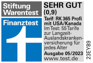 Siegel Testsieger Stiftung Warentest für die Langzeit-Auslandskrankenversicherung Profi inklusive USA/Kanada mit sehr gut