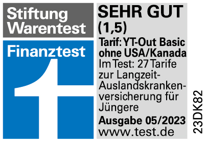 Siegel Testsieger Stiftung Warentest für den Young Travel Basic Tarif ohne USA/Kanada mit sehr gut