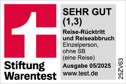 Auszeichnung von Stiftung Warentest mit sehr gut für die Reiserücktrittsversicherung für Einzelpersonen