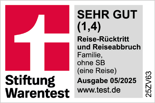 Auszeichnung von Stiftung Warentest mit sehr gut für die Reiserücktrittsversicherung für Familien