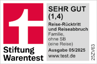 Auszeichnung von Stiftung Warentest mit sehr gut für die Reiserücktrittsversicherung für Familien