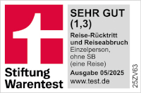 Auszeichnung von Stiftung Warentest mit sehr gut für die Reiserücktrittsversicherung für Einzelpersonen