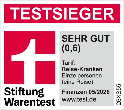Auszeichnung von Stiftung Warentest mit sehr gut für die Auslandskrankenversicherung für Einzelpersonen