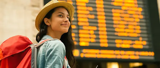 Eine Frau steht mit einem Rucksack auf dem Rücken vor einer großen Anzeigetafel. 