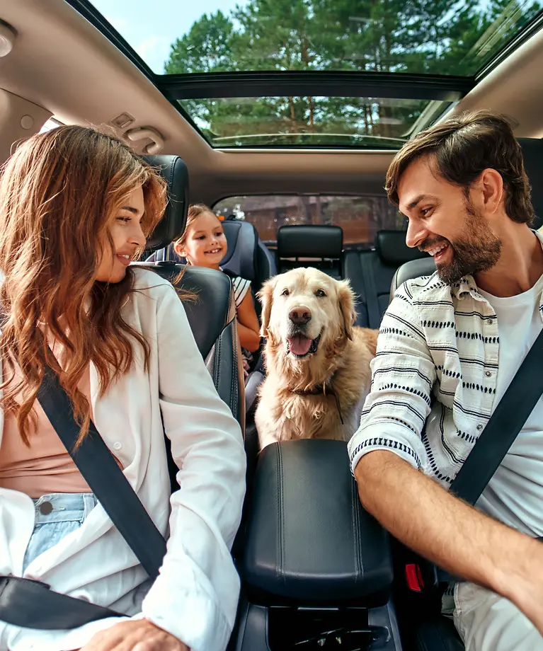 Eine Frau, ein Mann und ein junges Mädchen sitzen im Auto und schauen ihren Hund an.