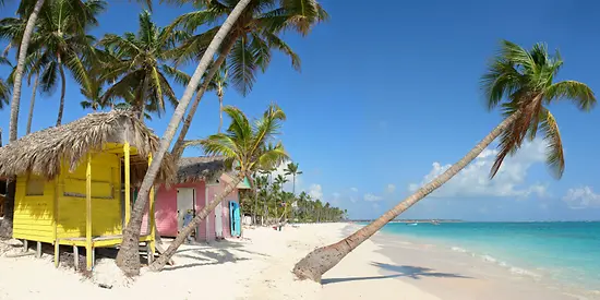 Man sieht bunte Häuser, die am Strand neben vieler Palmen stehen.
