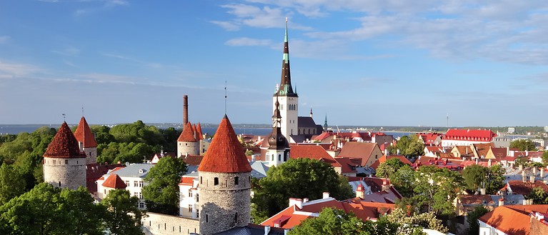 Man erkennt eine Vielzahl von roten Dächern. Im Hintergrund ist ein Kirchenturm zu sehen.