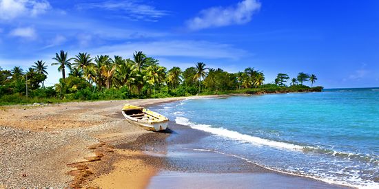 Ein kleines Boot liegt an einem Strand und im Hintergrund befinden sich Palmen.