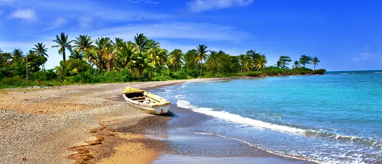 Ein kleines Boot liegt an einem Strand und im Hintergrund befinden sich Palmen.