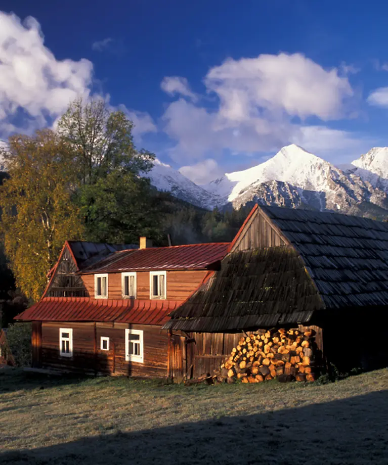 Man sieht eine Hütte und einen Holzschuppen am Fuße einer Berglandschaft.